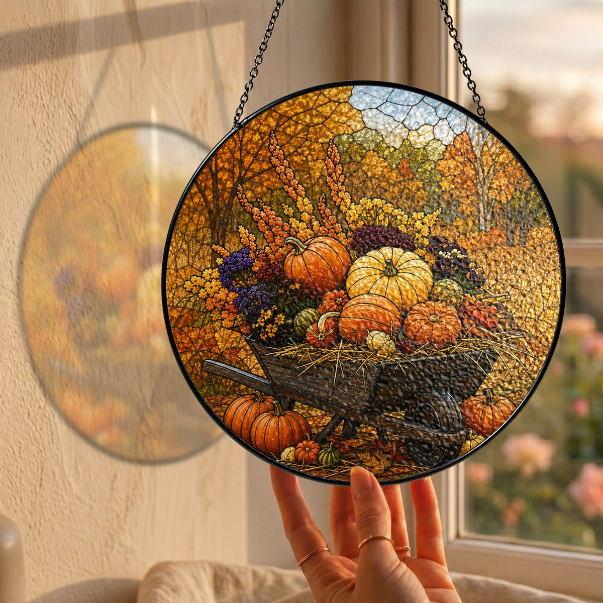 Pumpkin Wheelbarrow Autumn Stained Glass Suncatcher
