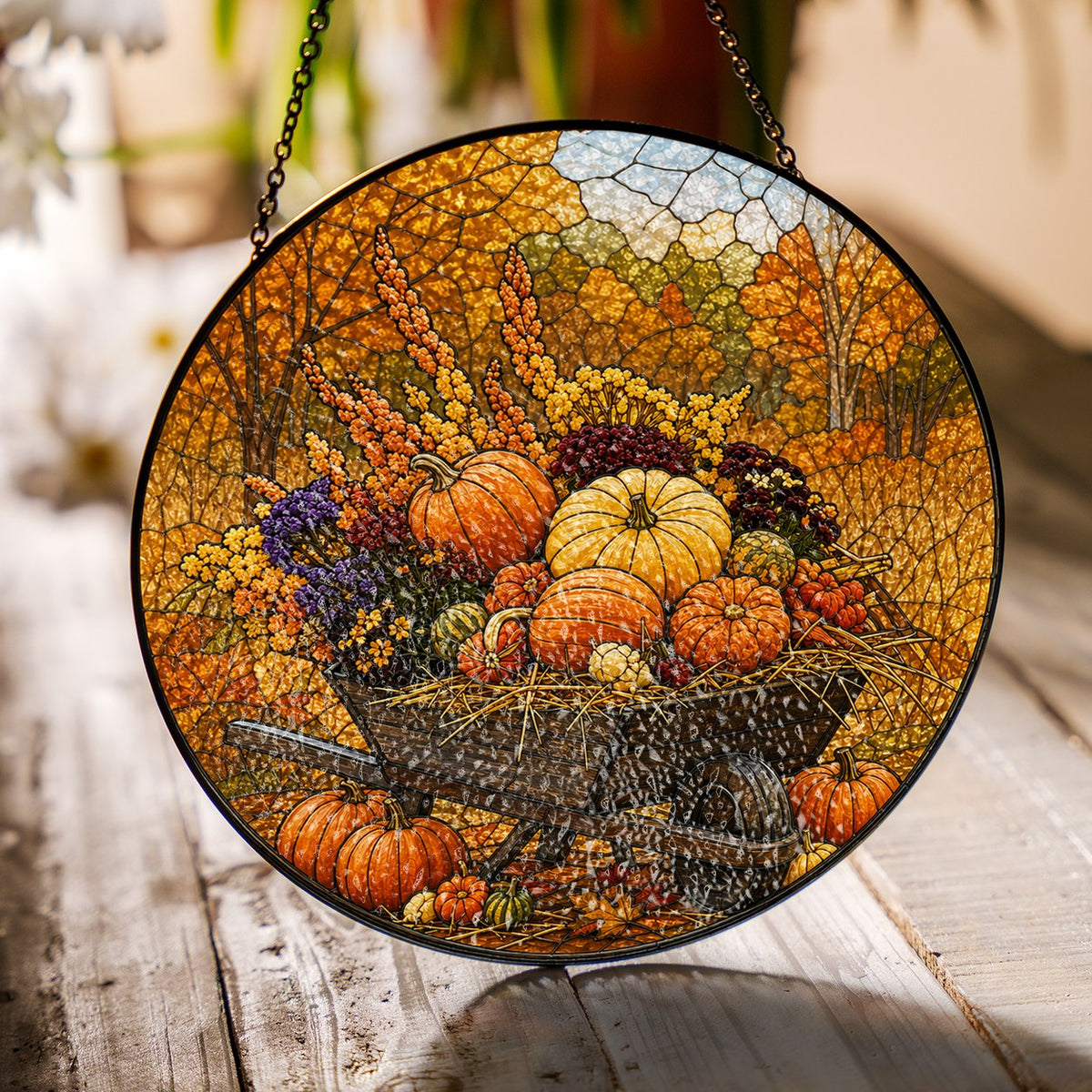 Pumpkin Wheelbarrow Autumn Stained Glass Suncatcher