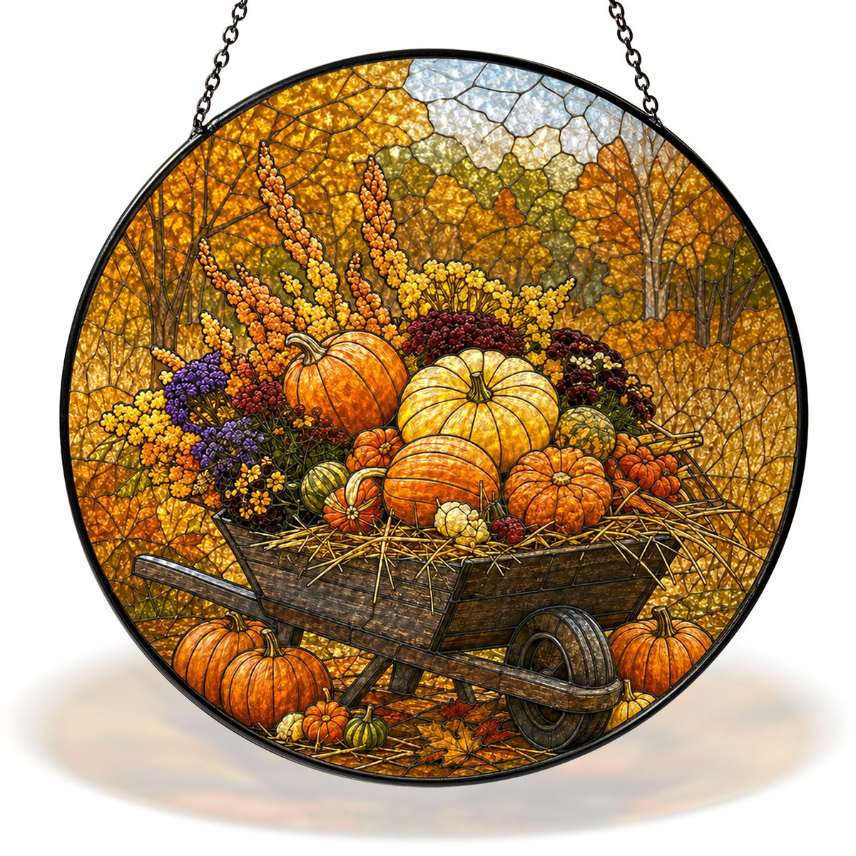 Pumpkin Wheelbarrow Autumn Stained Glass Suncatcher