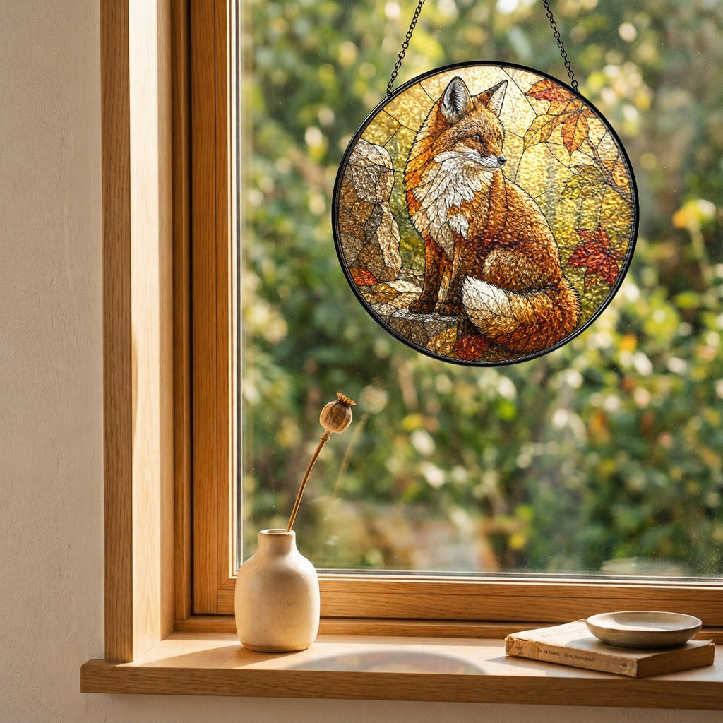 Red fox in autumn woods stained glass suncatcher hanging in a window