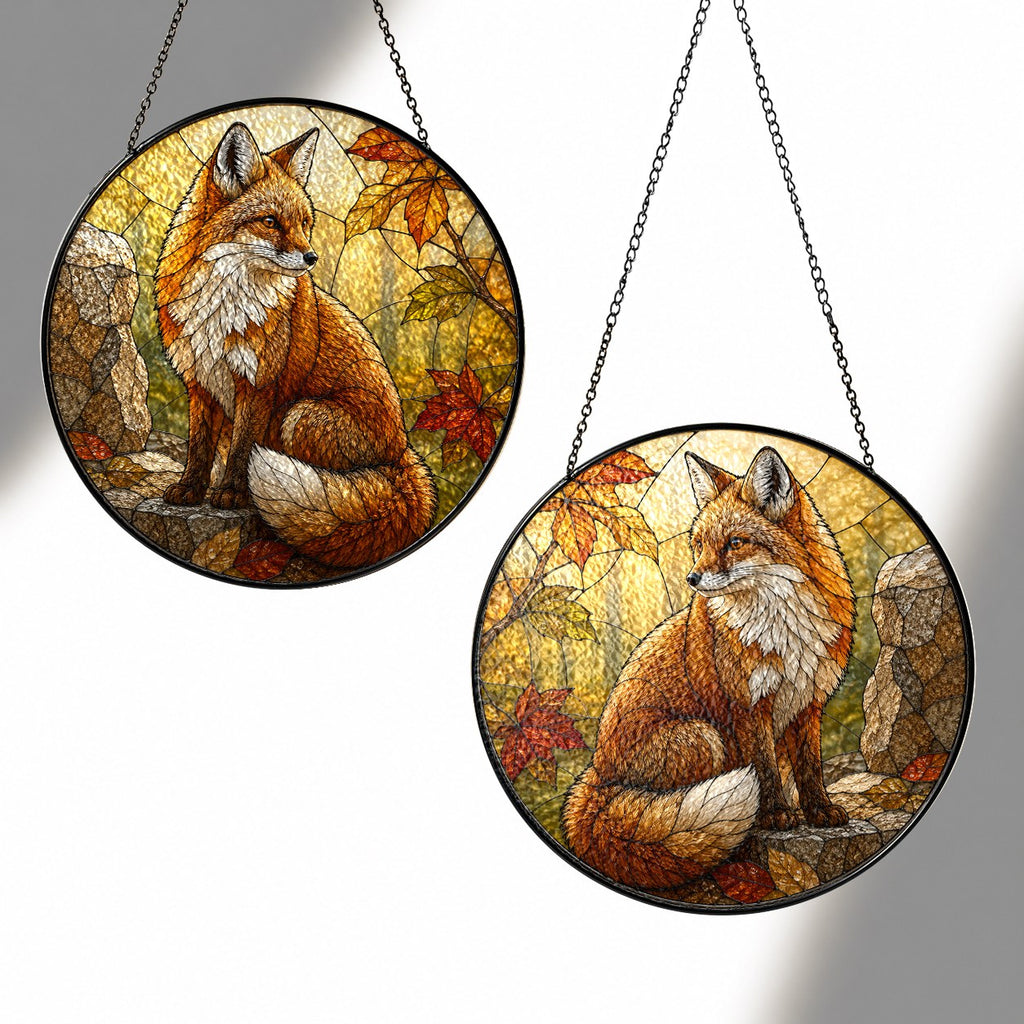 Red Fox in Autumn Woods Stained Glass Suncatcher