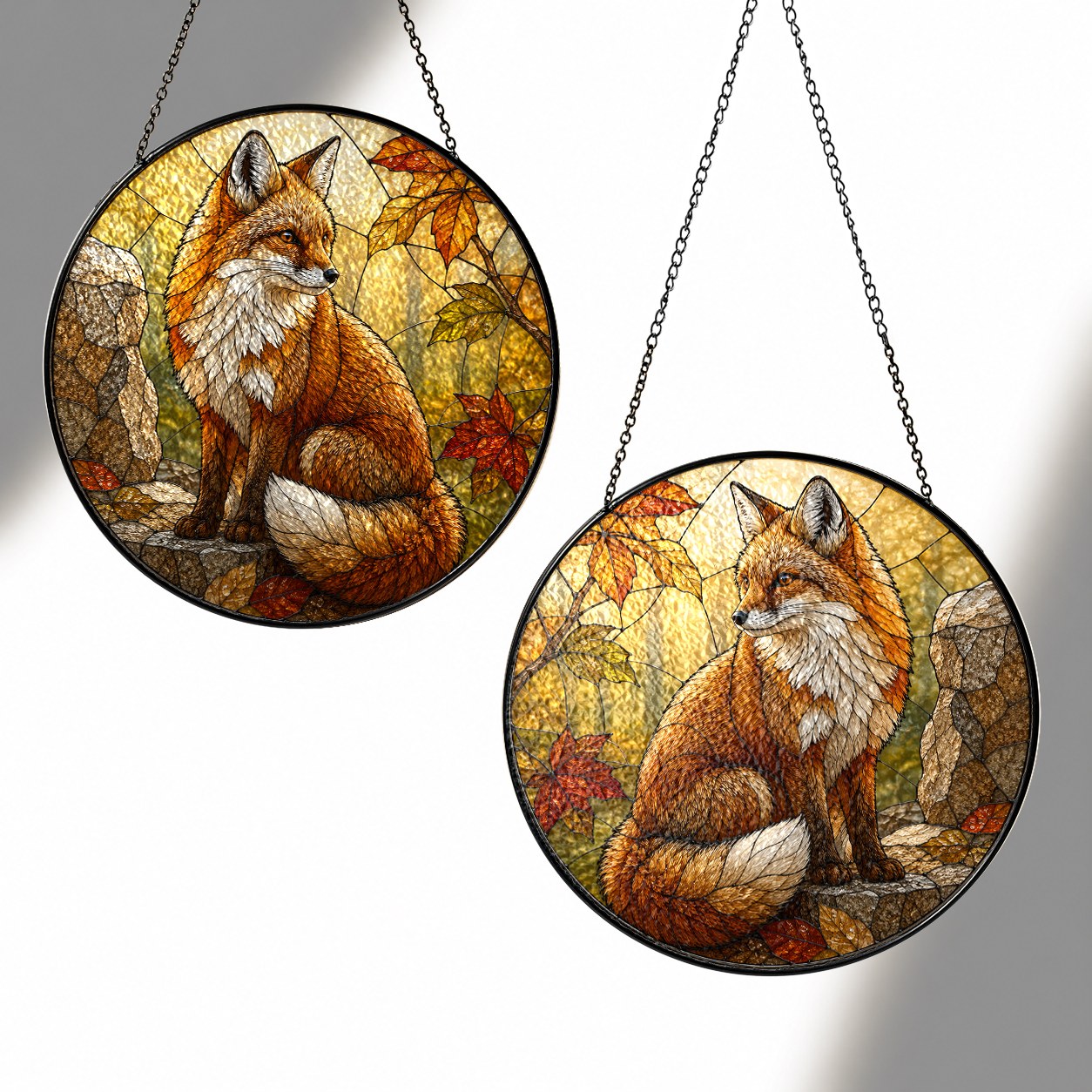 Red Fox in Autumn Woods Stained Glass Suncatcher