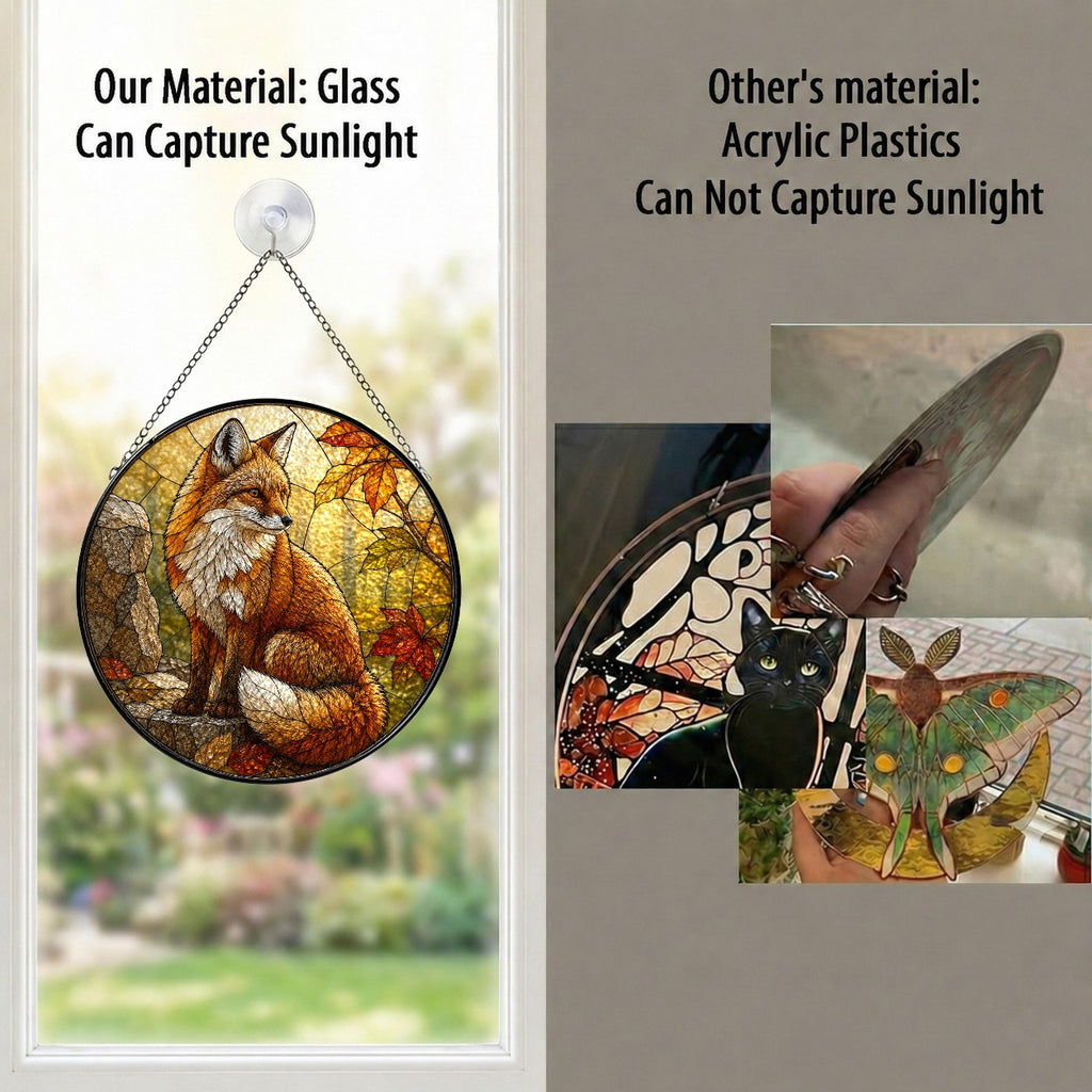 Red Fox in Autumn Woods Stained Glass Suncatcher