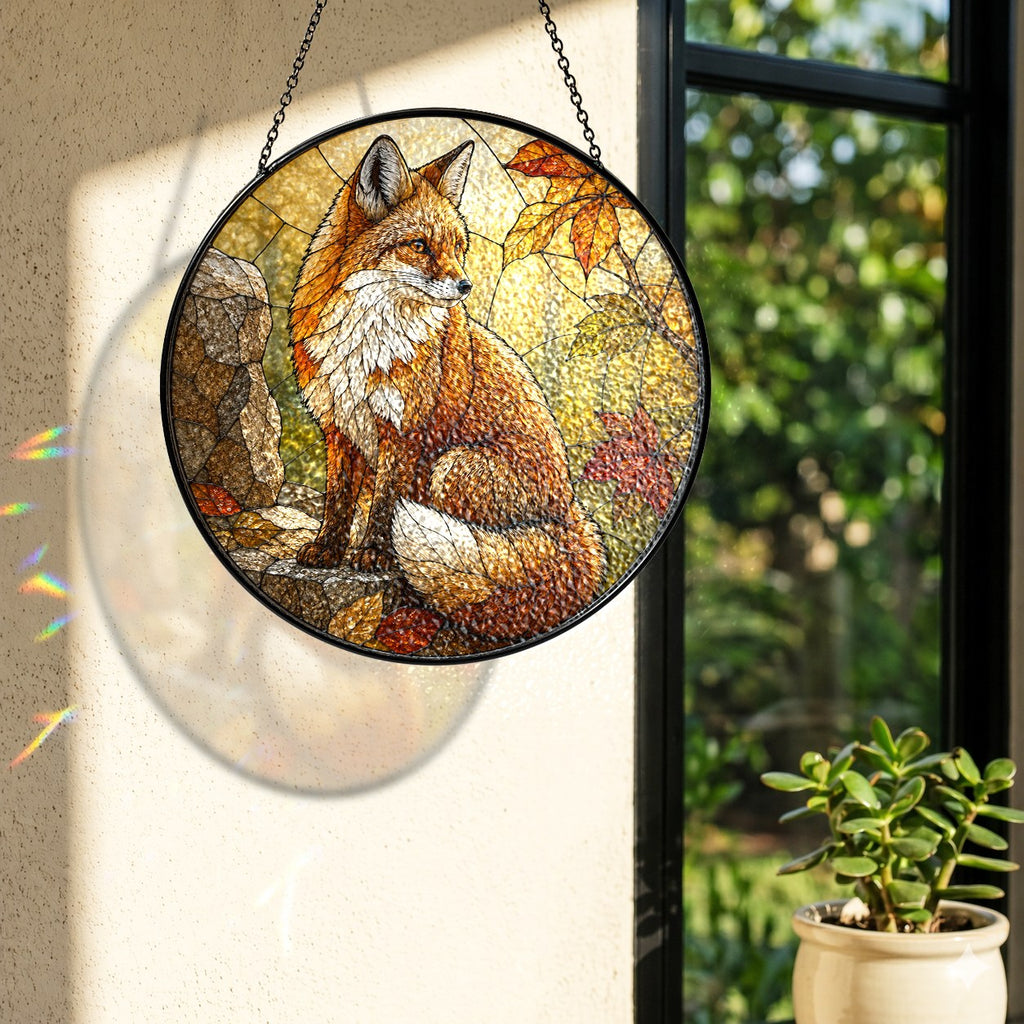 Red Fox in Autumn Woods Stained Glass Suncatcher