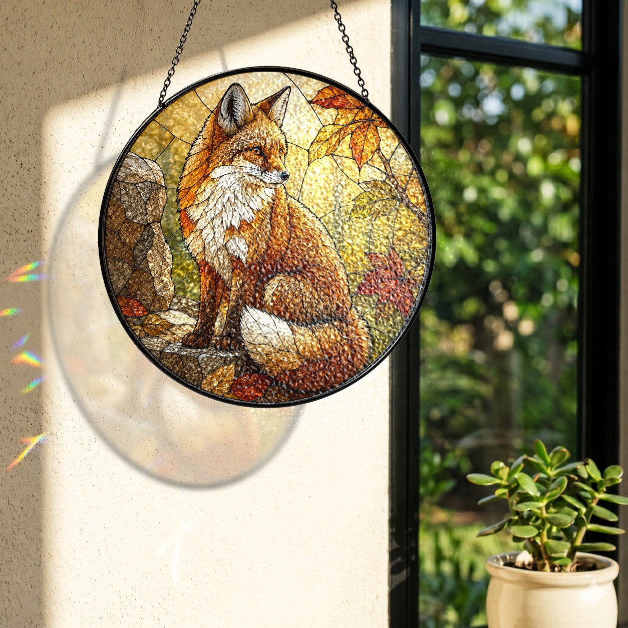 Red Fox in Autumn Woods Stained Glass Suncatcher