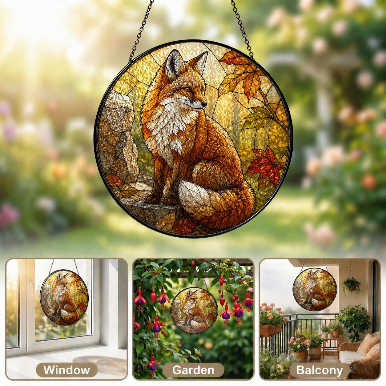 Red Fox in Autumn Woods Stained Glass Suncatcher