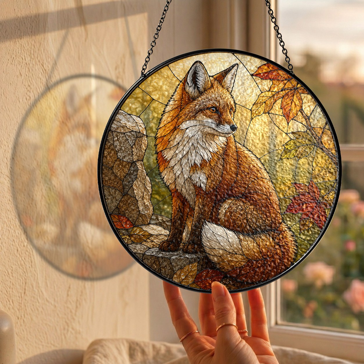 Red Fox in Autumn Woods Stained Glass Suncatcher