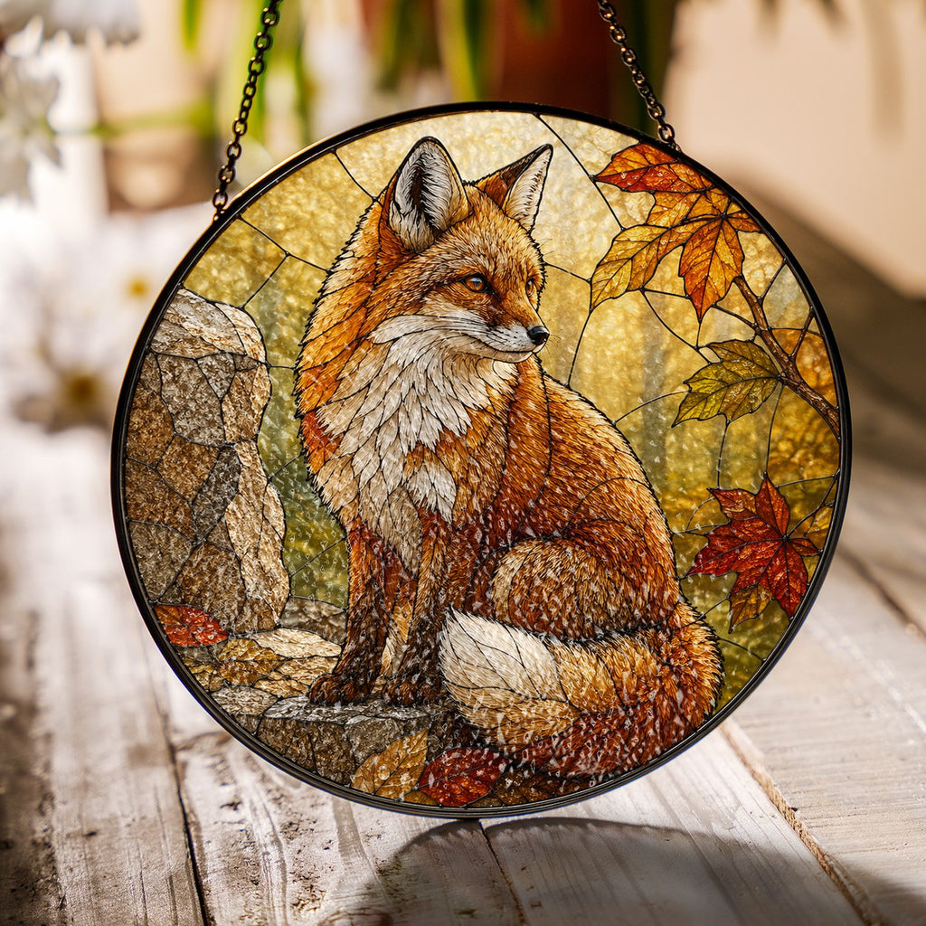 Red Fox in Autumn Woods Stained Glass Suncatcher