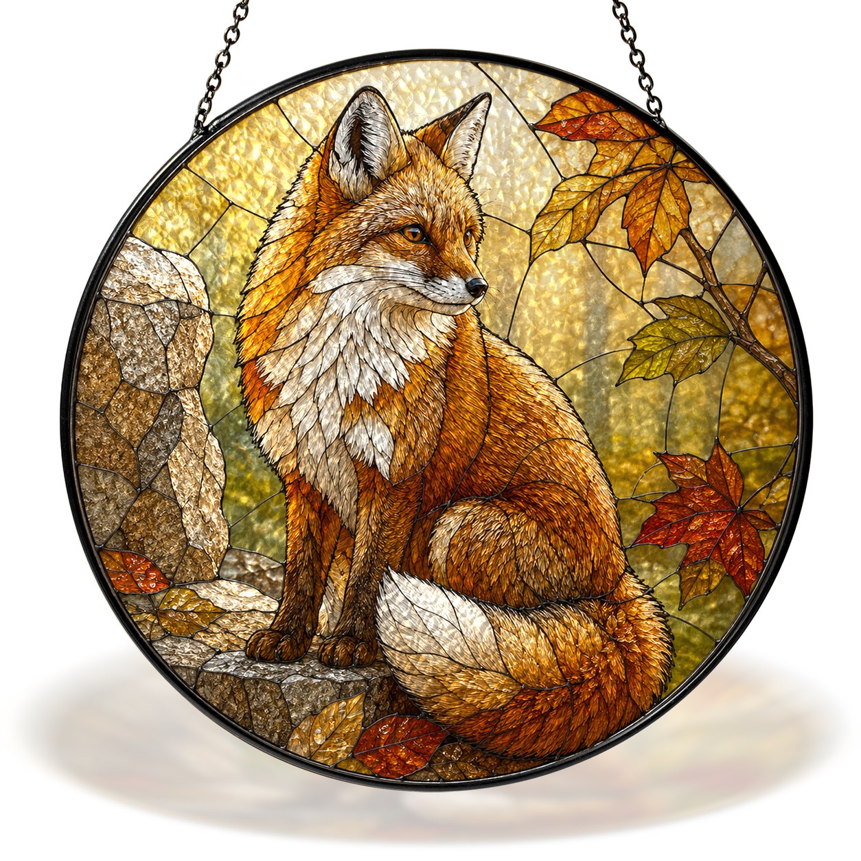 Red Fox in Autumn Woods Stained Glass Suncatcher