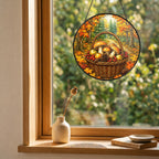 Autumn mushroom foraging basket stained glass suncatcher hanging in a window