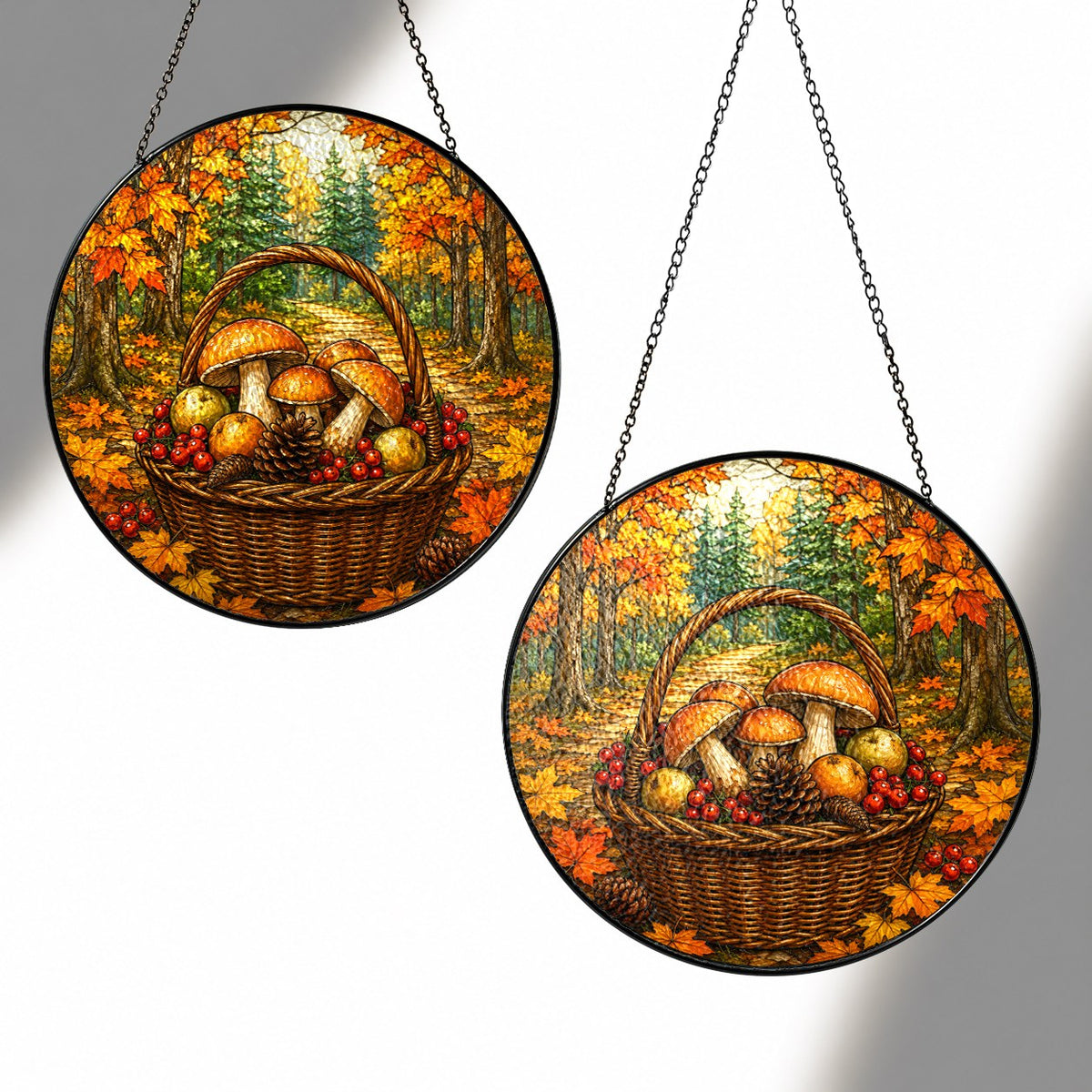 Autumn Mushroom Foraging Basket Stained Glass Suncatcher