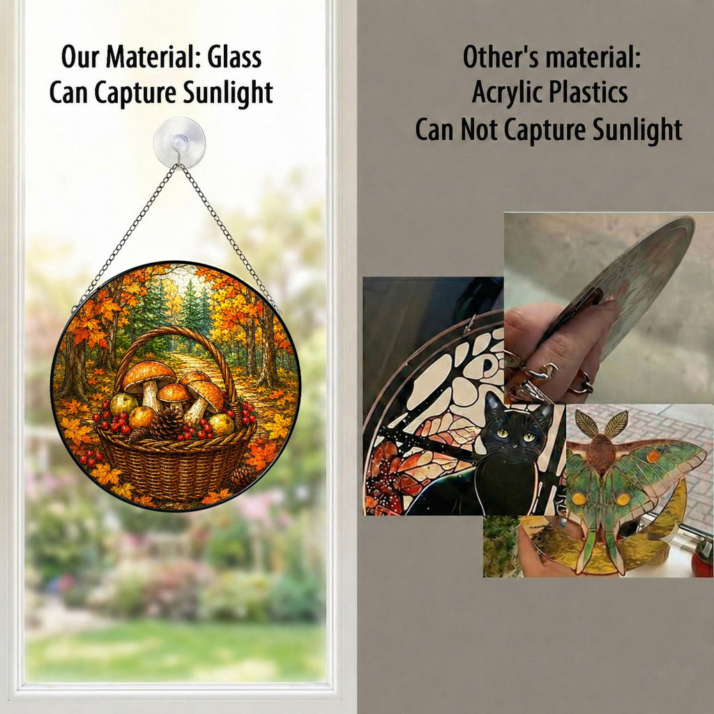 Autumn Mushroom Foraging Basket Stained Glass Suncatcher