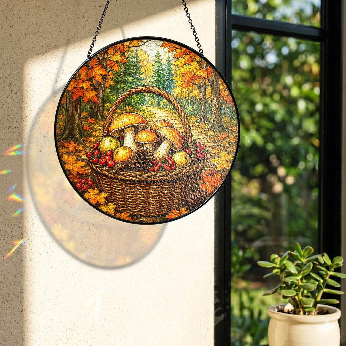 Autumn Mushroom Foraging Basket Stained Glass Suncatcher
