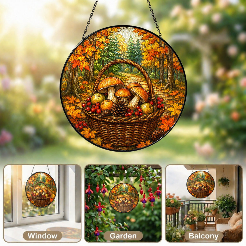 Autumn Mushroom Foraging Basket Stained Glass Suncatcher