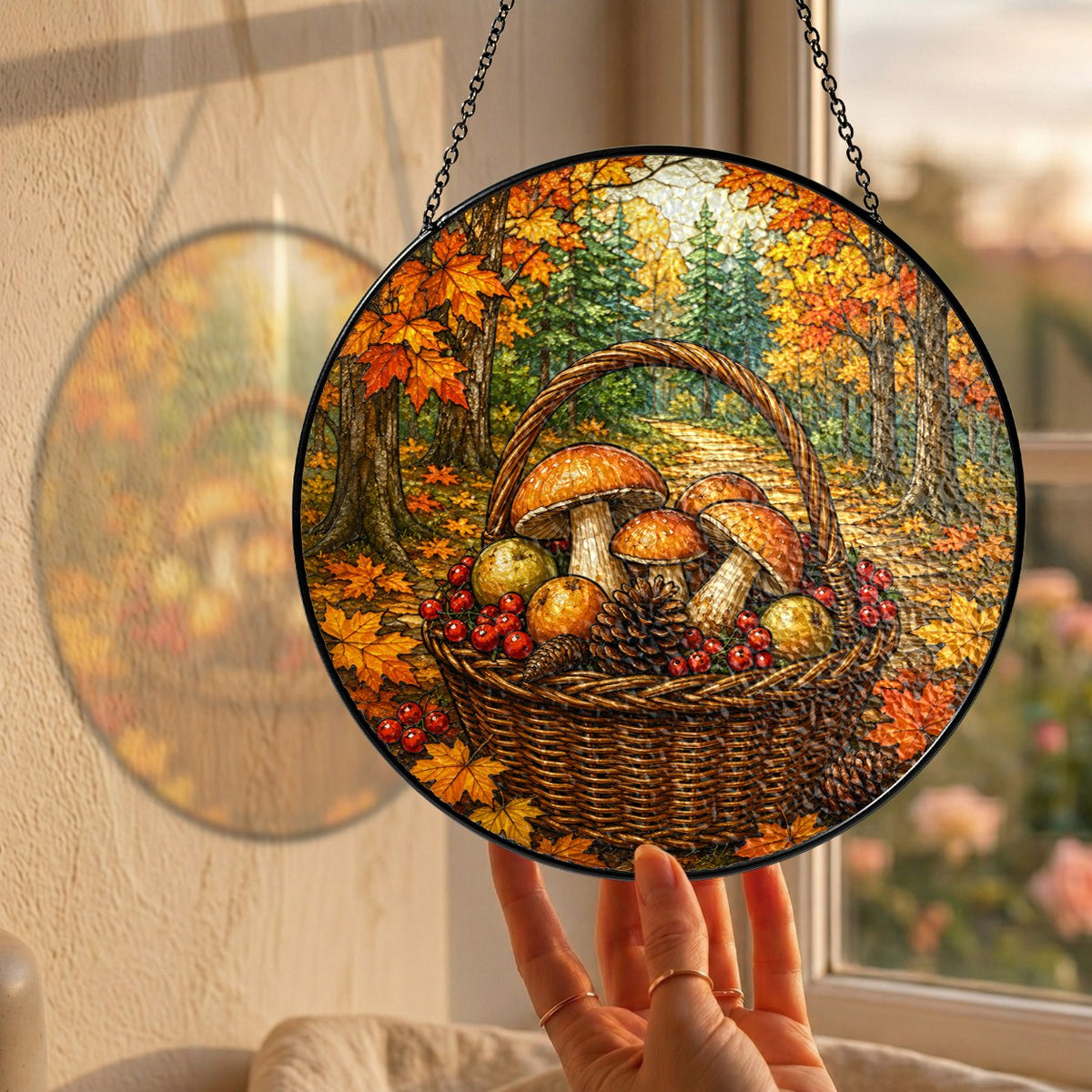 Autumn Mushroom Foraging Basket Stained Glass Suncatcher