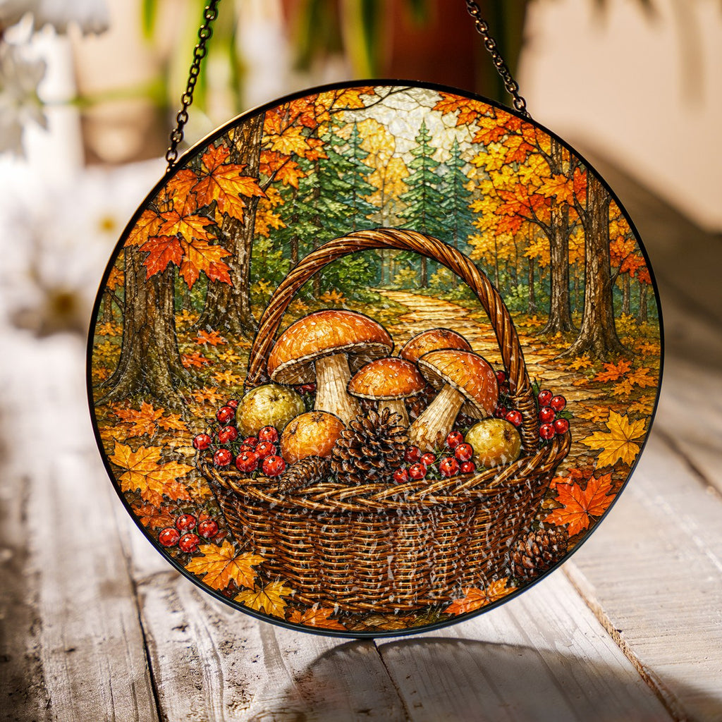 Autumn Mushroom Foraging Basket Stained Glass Suncatcher