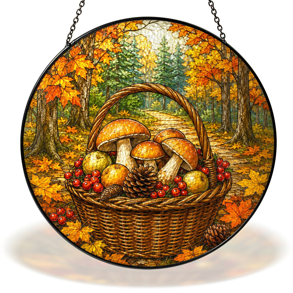 Autumn Mushroom Foraging Basket Stained Glass Suncatcher