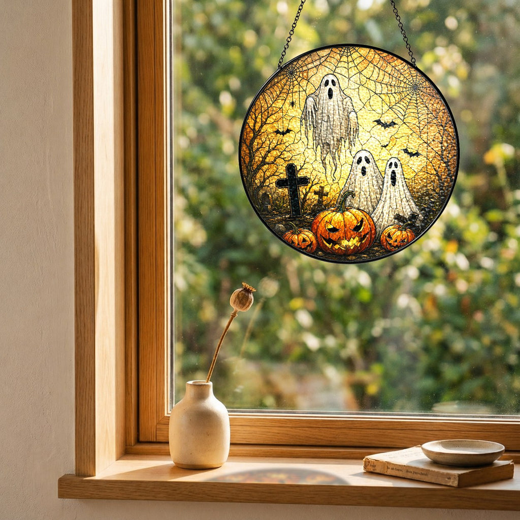Halloween ghosts and jack-o'-lantern graveyard stained glass suncatcher hanging in a window