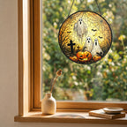Halloween ghosts and jack-o'-lantern graveyard stained glass suncatcher hanging in a window