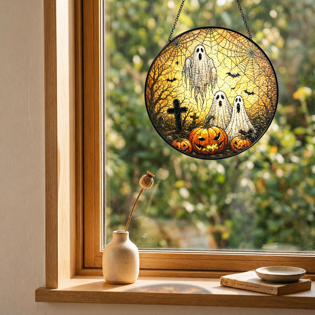 Halloween ghosts and jack-o'-lantern graveyard stained glass suncatcher hanging in a window