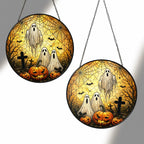 Halloween Ghosts & Jack-o'-Lantern Graveyard Stained Glass Suncatcher
