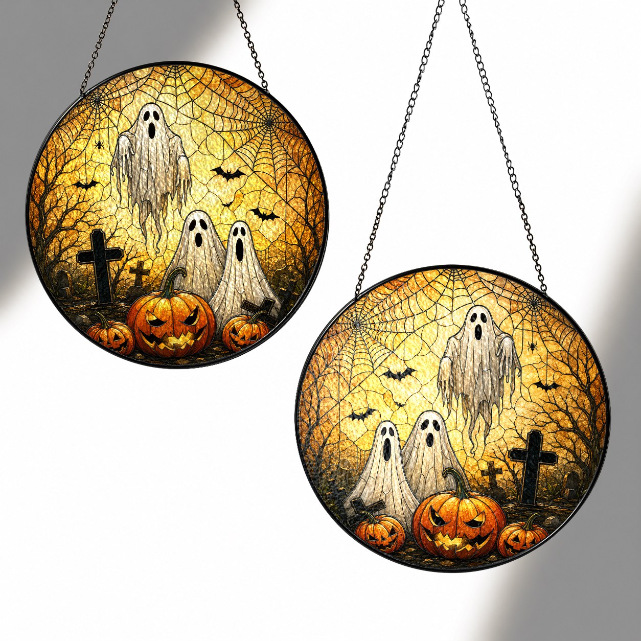 Halloween Ghosts & Jack-o'-Lantern Graveyard Stained Glass Suncatcher