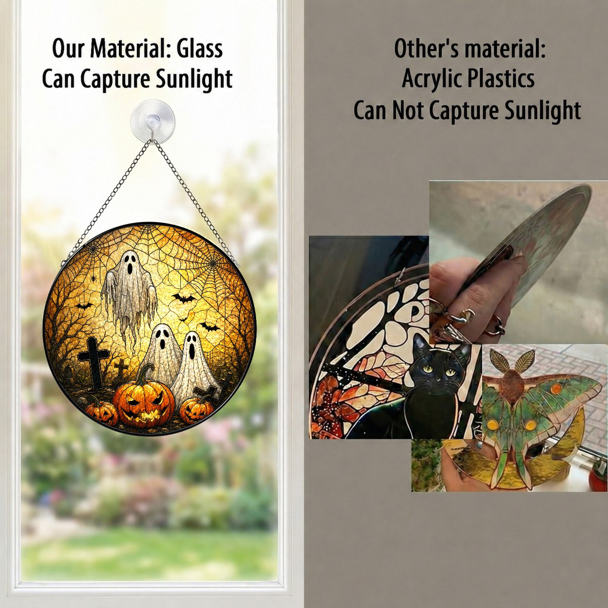 Halloween Ghosts & Jack-o'-Lantern Graveyard Stained Glass Suncatcher