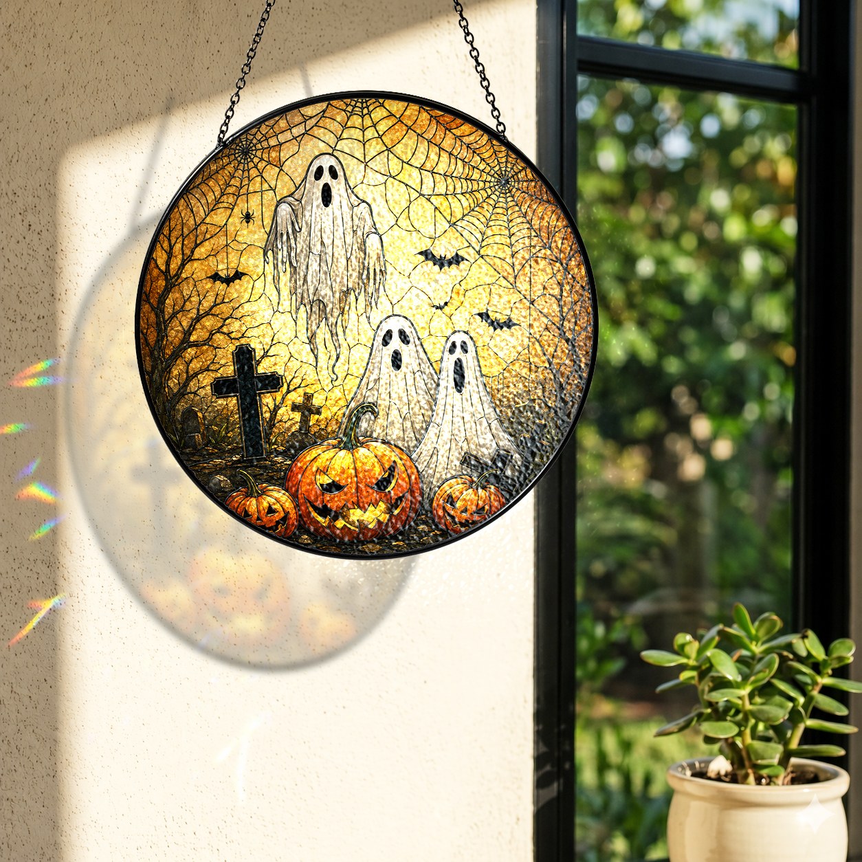 Halloween Ghosts & Jack-o'-Lantern Graveyard Stained Glass Suncatcher