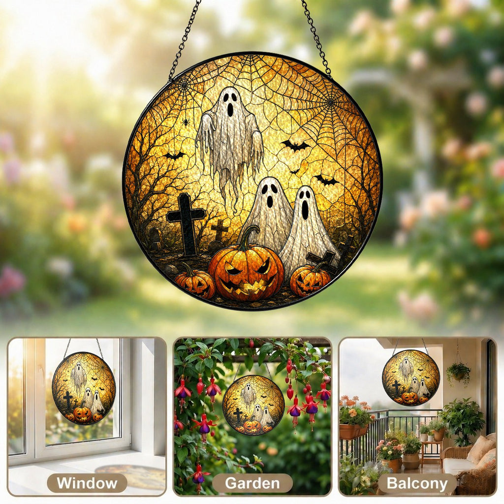 Halloween Ghosts & Jack-o'-Lantern Graveyard Stained Glass Suncatcher