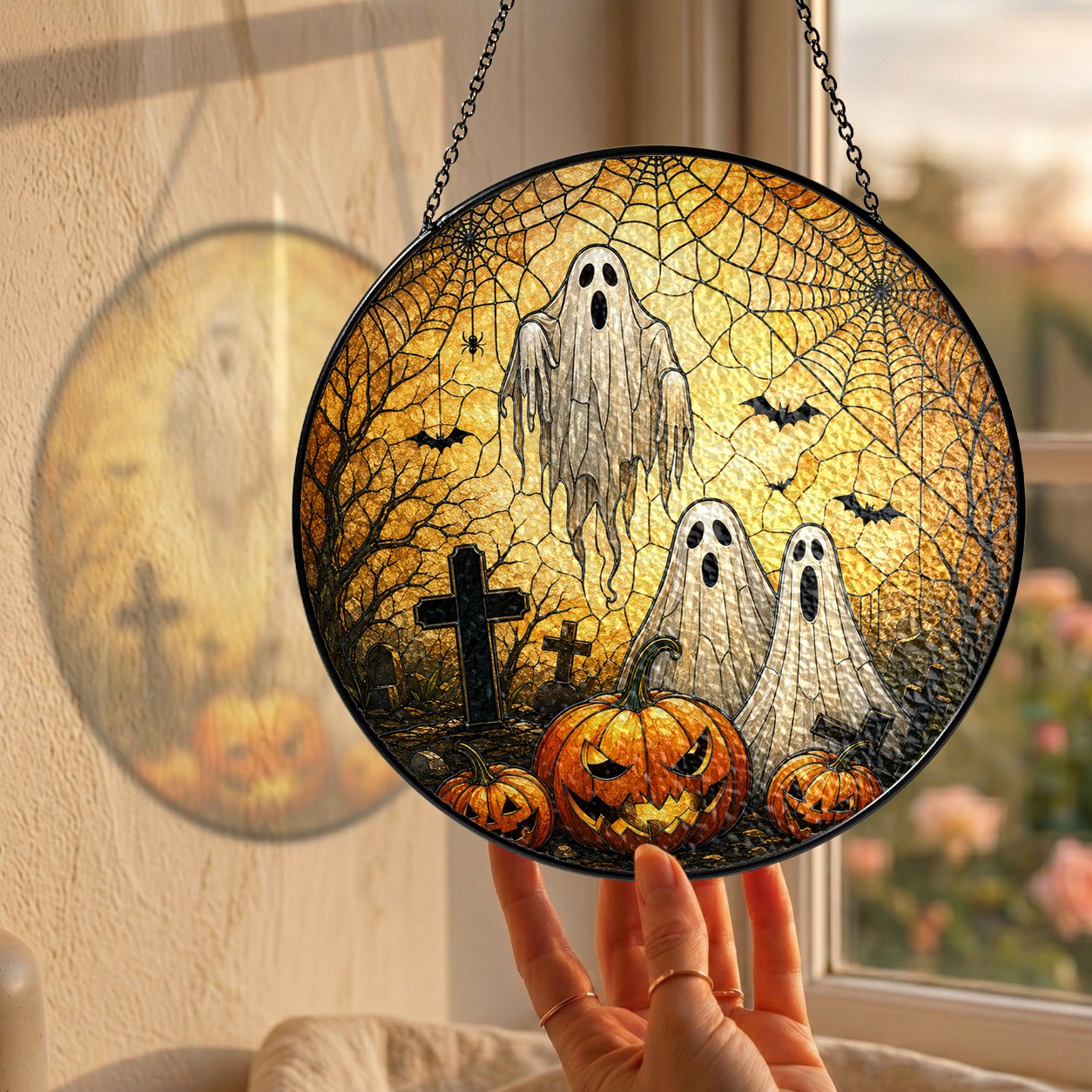 Halloween Ghosts & Jack-o'-Lantern Graveyard Stained Glass Suncatcher