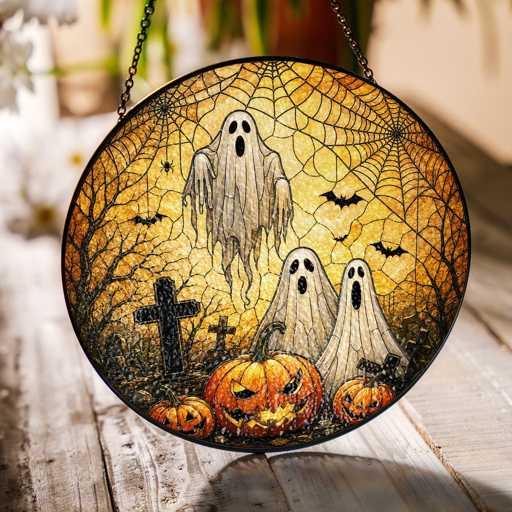 Halloween Ghosts & Jack-o'-Lantern Graveyard Stained Glass Suncatcher