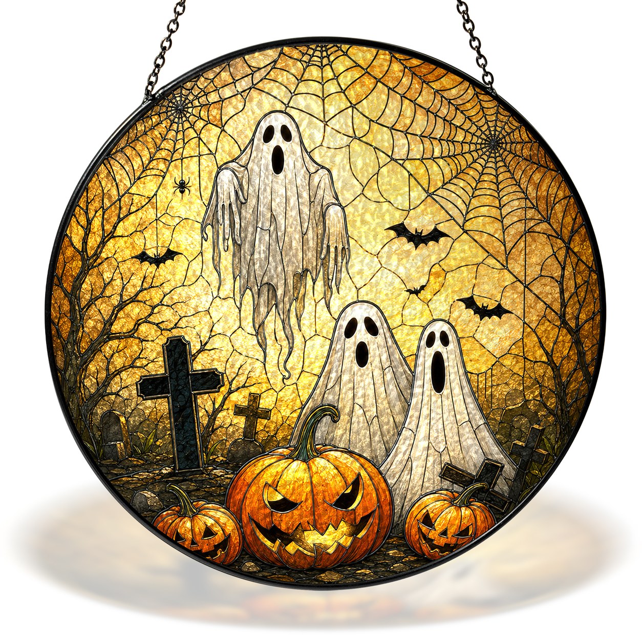 Halloween Ghosts & Jack-o'-Lantern Graveyard Stained Glass Suncatcher