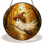 Ghost Witch on a Broomstick Stained Glass Suncatcher
