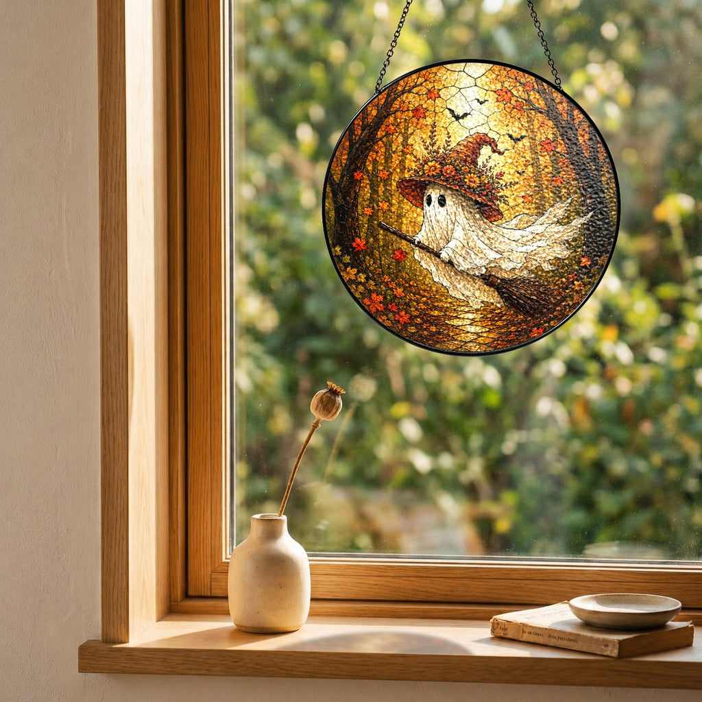 Ghost witch on a broomstick stained glass suncatcher hanging in a window