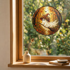 Ghost witch on a broomstick stained glass suncatcher hanging in a window