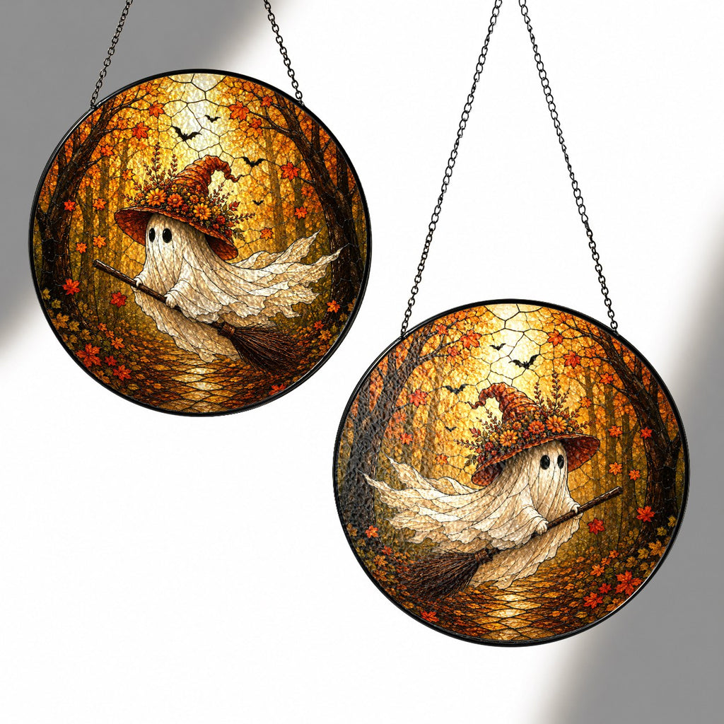 Ghost Witch on a Broomstick Stained Glass Suncatcher