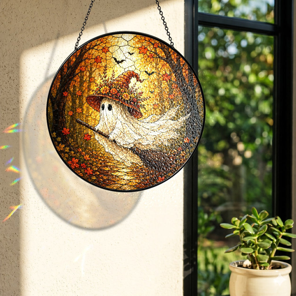 Ghost Witch on a Broomstick Stained Glass Suncatcher