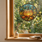Glowing ornate pumpkin with maple leaves stained glass suncatcher hanging in a window