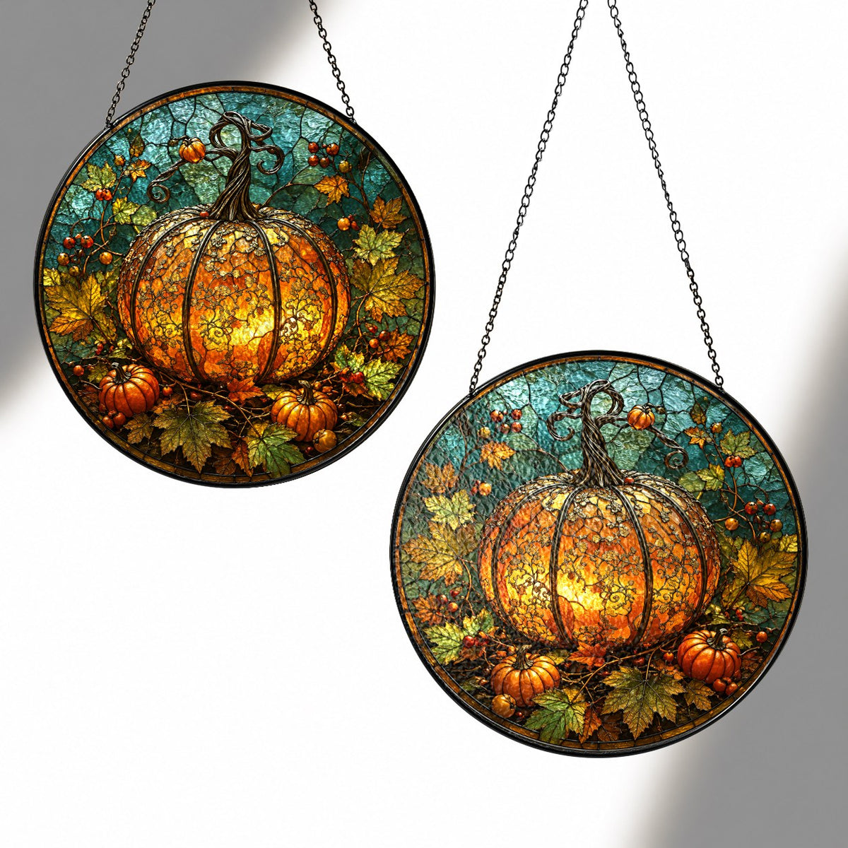 Glowing Ornate Pumpkin Stained Glass Suncatcher