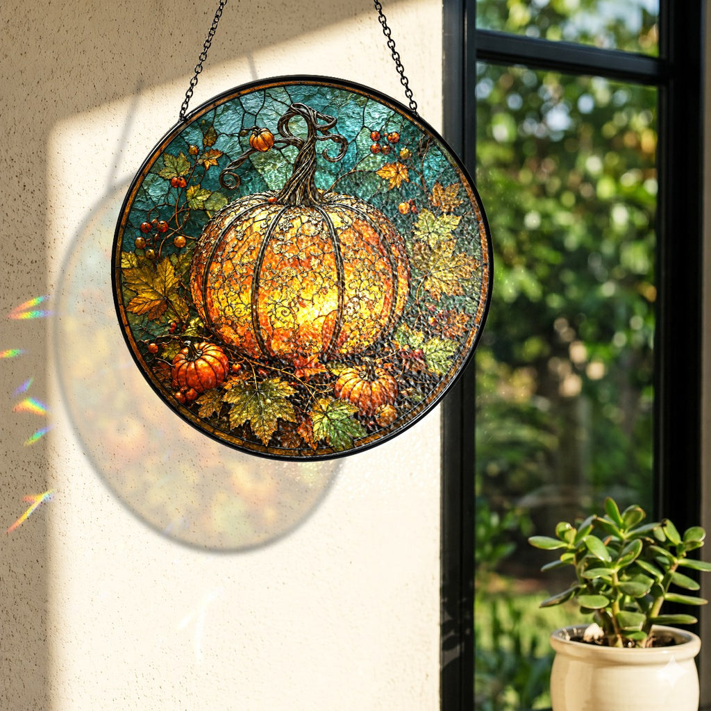 Glowing Ornate Pumpkin Stained Glass Suncatcher