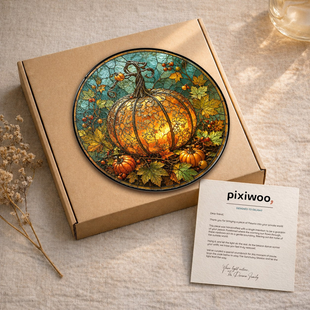 Glowing Ornate Pumpkin Stained Glass Suncatcher