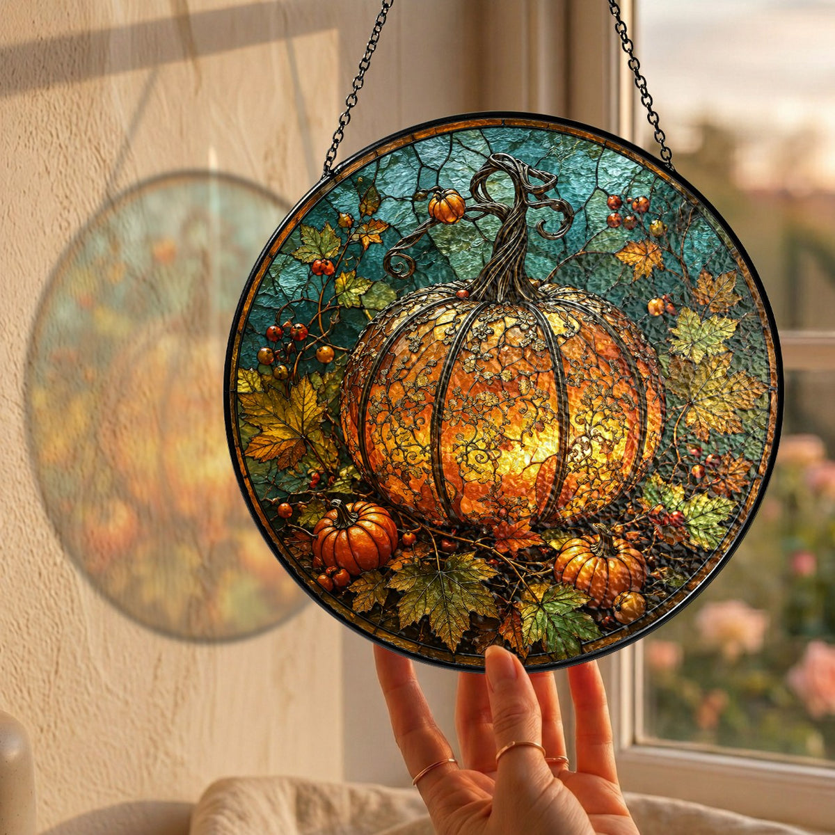 Glowing Ornate Pumpkin Stained Glass Suncatcher