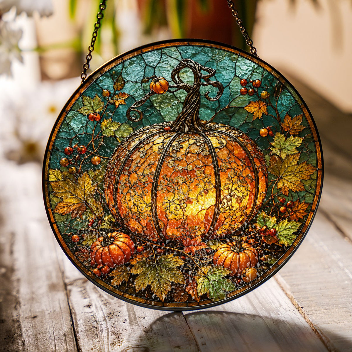 Glowing Ornate Pumpkin Stained Glass Suncatcher