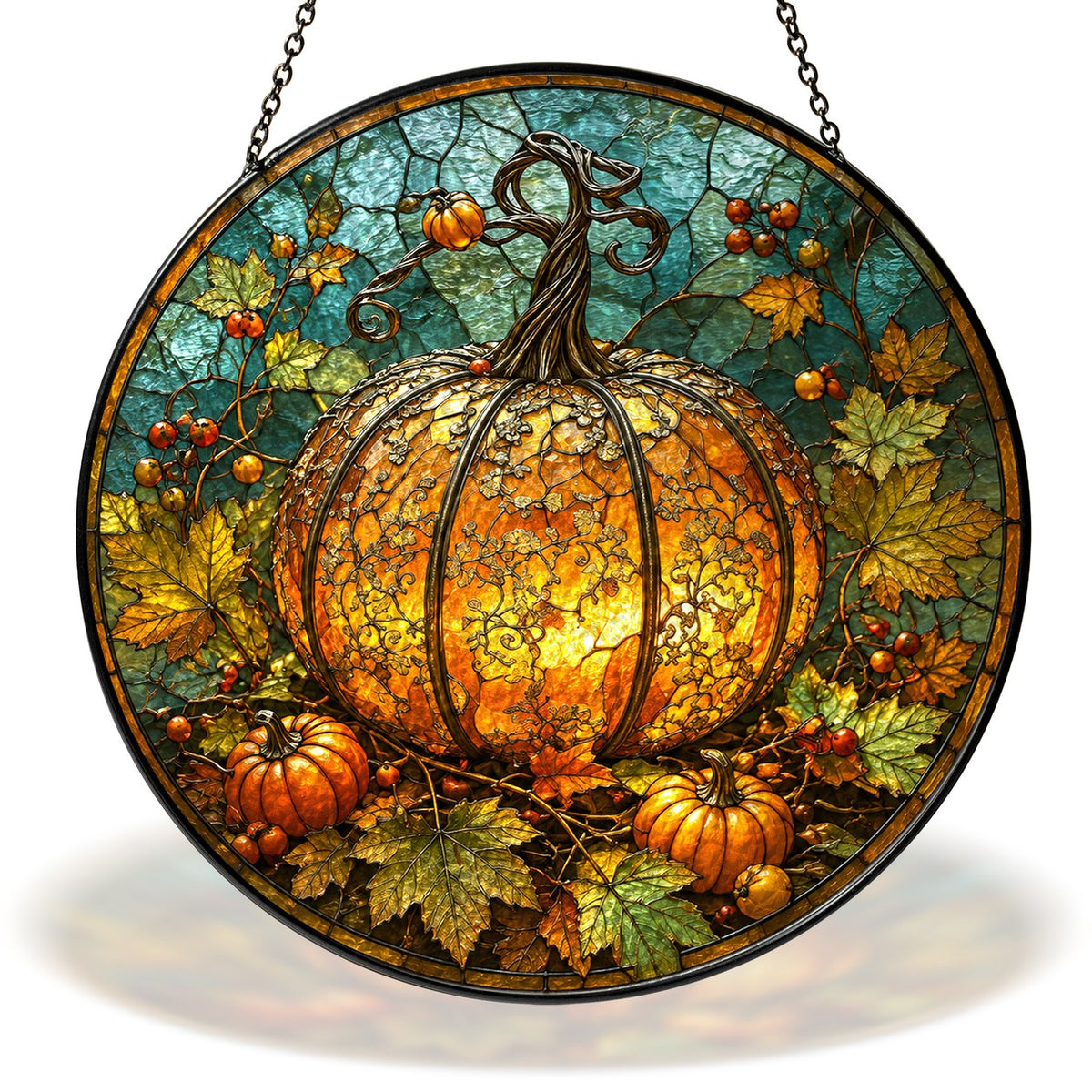 Glowing Ornate Pumpkin Stained Glass Suncatcher
