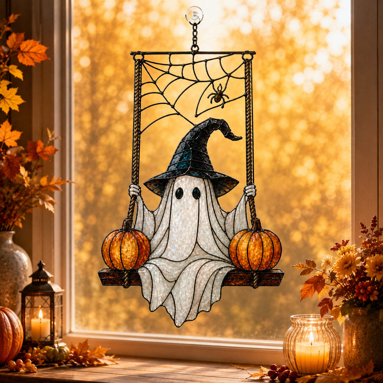 Witch Hat Ghost on Pumpkin Swing Holographic Acrylic Suncatcher