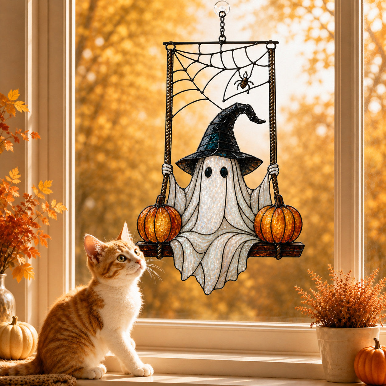 Witch Hat Ghost on Pumpkin Swing Holographic Acrylic Suncatcher