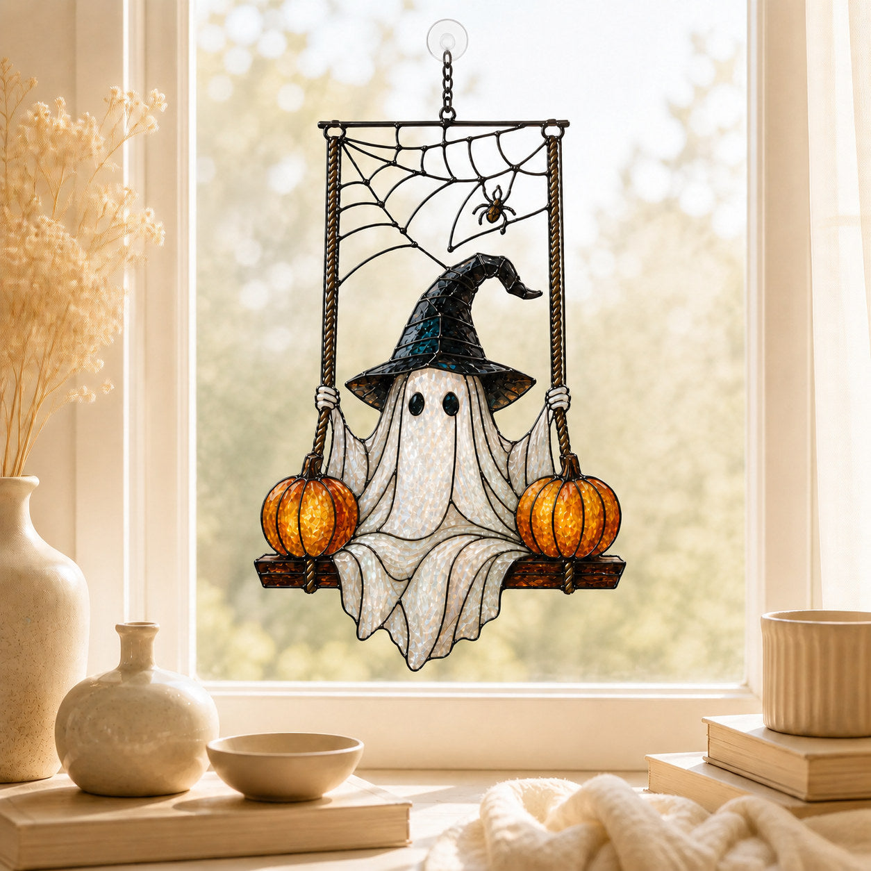 Witch Hat Ghost on Pumpkin Swing Holographic Acrylic Suncatcher