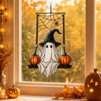 Witch Hat Ghost on Pumpkin Swing Holographic Acrylic Suncatcher