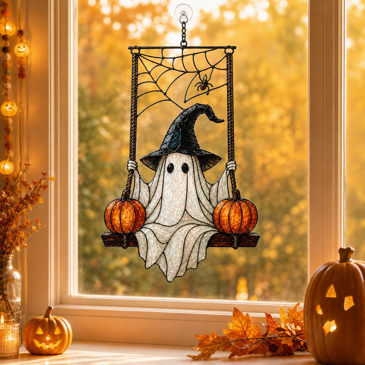 Witch Hat Ghost on Pumpkin Swing Holographic Acrylic Suncatcher