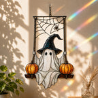 Witch Hat Ghost on Pumpkin Swing Holographic Acrylic Suncatcher